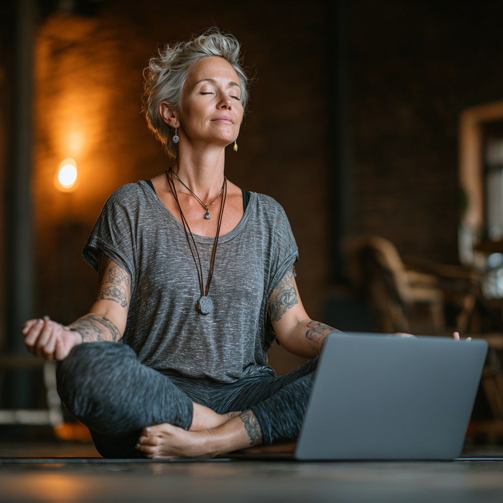 Mujer de 52 años practicando yoga en su hogar frente a una computadora, siguiendo una clase online, con expresión concentrada y serena
