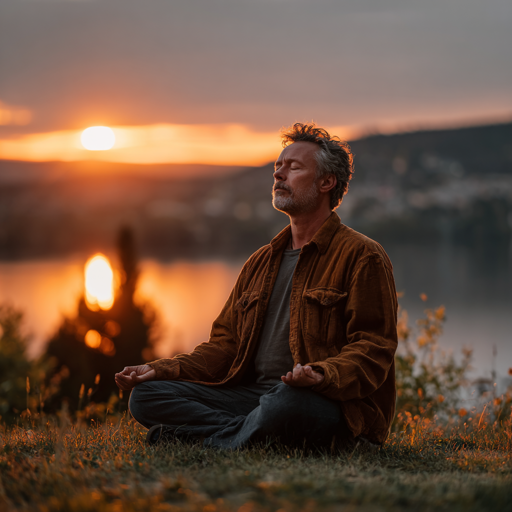 Hombre de 60 años meditando en posición de loto al amanecer, con expresión pacífica y serena, rodeado de naturaleza